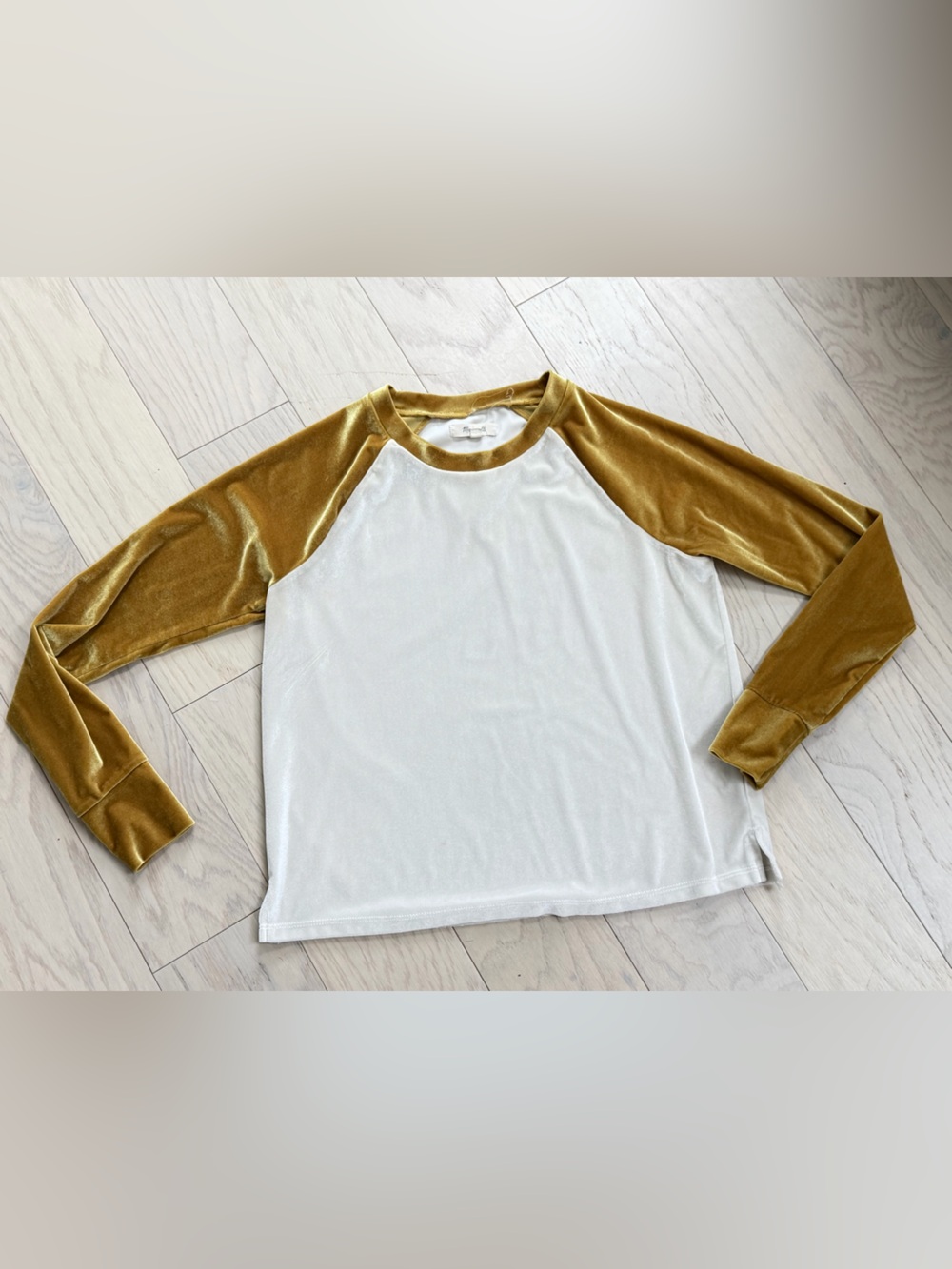 Madewell Velvet Raglan Long-Sleeve Top in White and Mustard